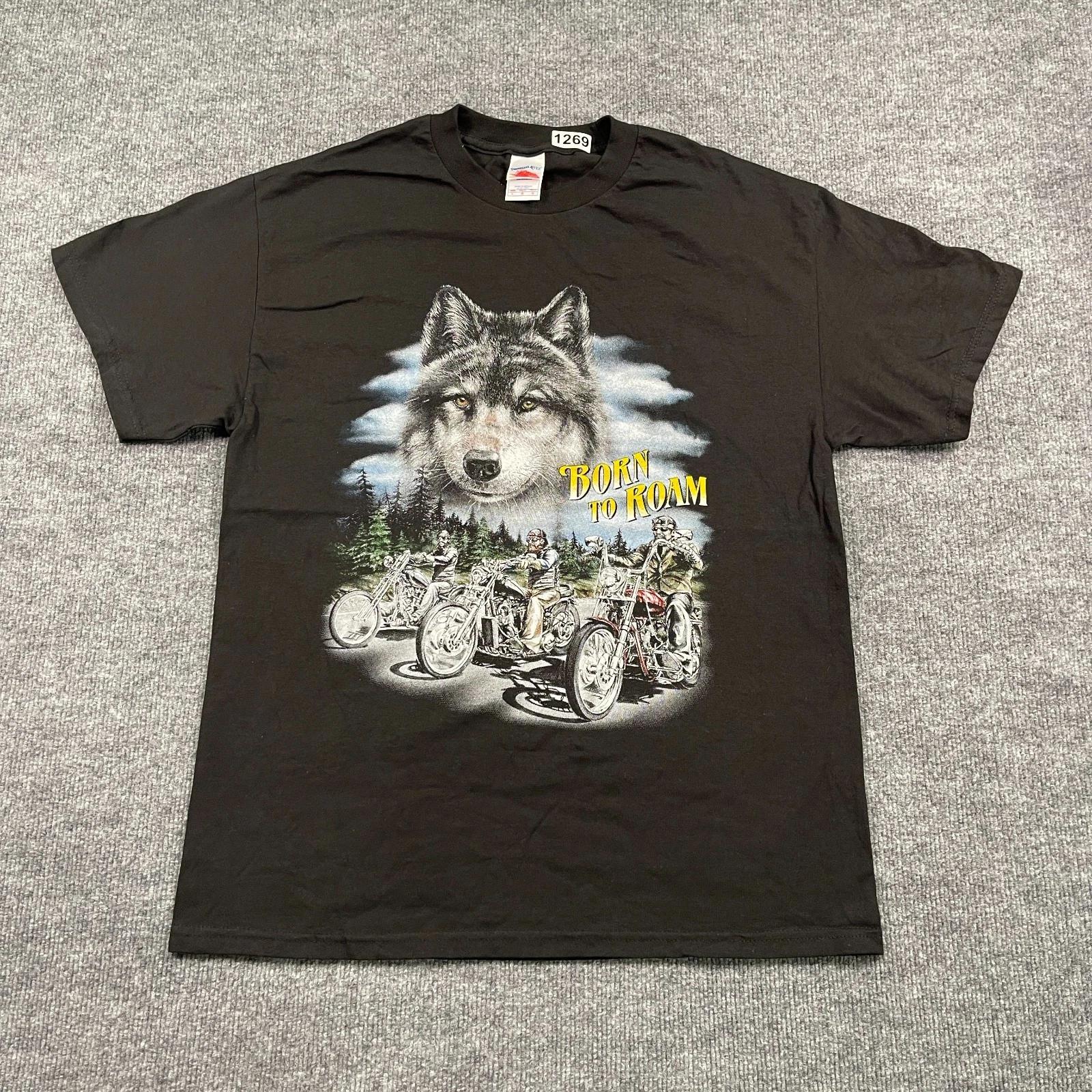 

NWOT Vintage 90s Born-To-Roam Motorcycle Biker Wolf Shirt Large 21x28 Black M