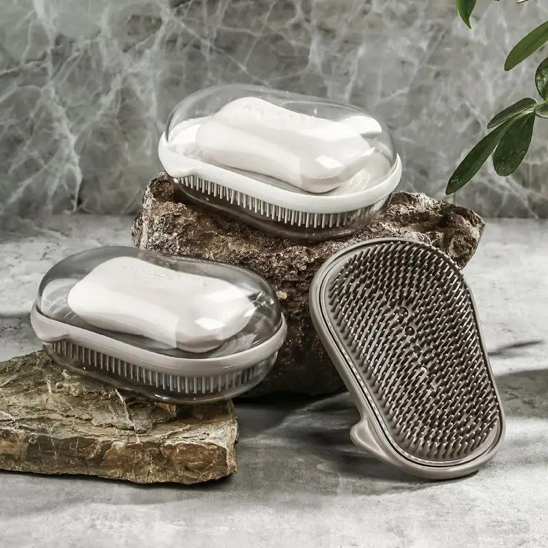 Portable Silicone Soap Dish with Double-Layer Lid - Travel Bathroom Organizer Odor-Resistant Drainage SoapHolderTray for Shower