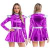 Women Alien Robot Halloween Costume Metallic Shiny A-Line Dress Long Sleeve Front Zip with Belt