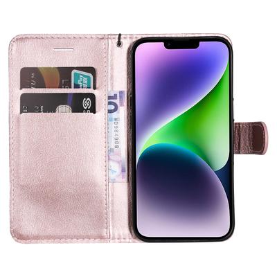 For iPhone 15 Plus Case Solid Color Leather Mobile Cover Wallet Stand with Strap