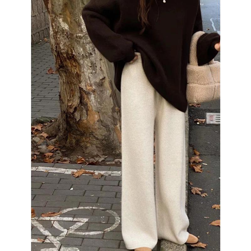 2024 Autumn and Winter Knitted Wide-leg Pants for Women Thickened Fashion Casual Straight Long Pants Solid Color Simple Elegant Trousers 2364