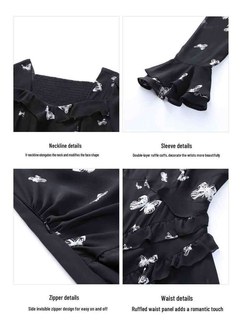 2025 Spring Fashion Print Chiffon Dress with Flared Sleeves for Plus Size Women