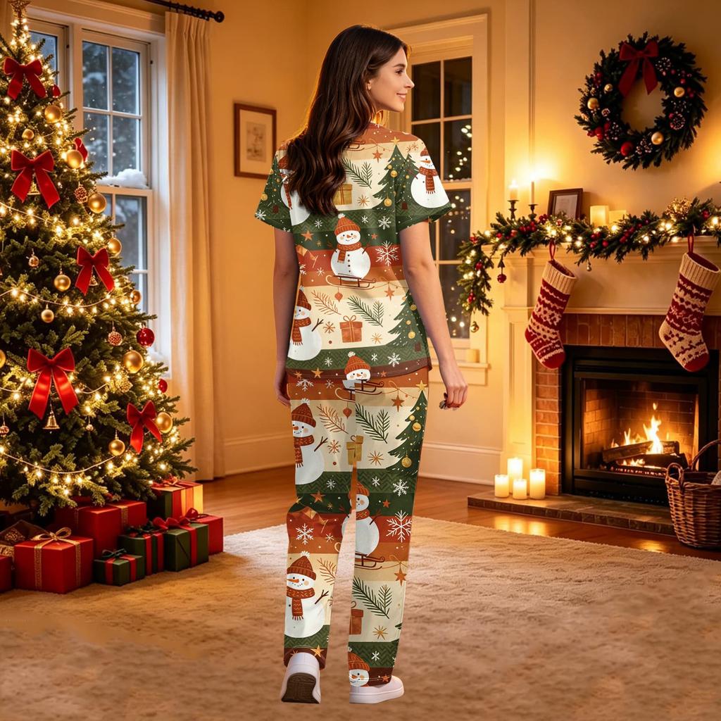 Women's V-Neck Short Sleeve Christmas Print Scrub Set with Pockets Two Piece Caregiver Work Uniform