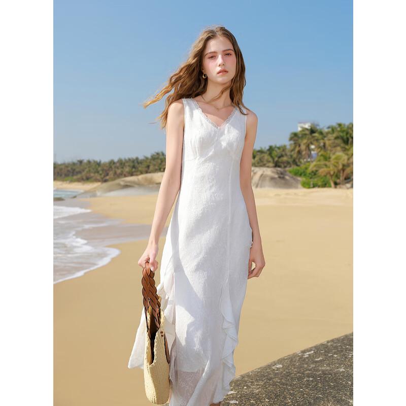 

Women s 2025 Spring Pearl White Lace V-Neck Ruffle Trim Slit Long Resort Dress M 160/84A