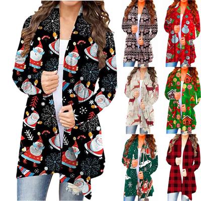 Womens Christmas Snowman Open Front Long Sleeve Loose Flowy Hem Cardigan Coat