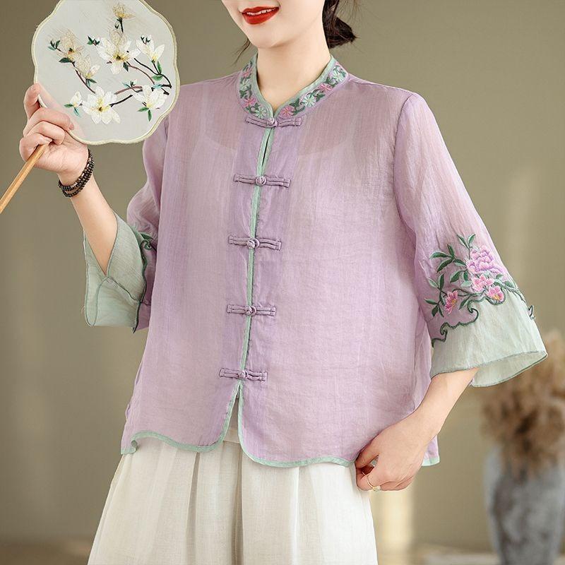 Summer Cotton and Linen Literary Retro Embroidered Shirt Women's Buttoned Cardigan Shirt Three-quarter Top National Style Loose and Slim