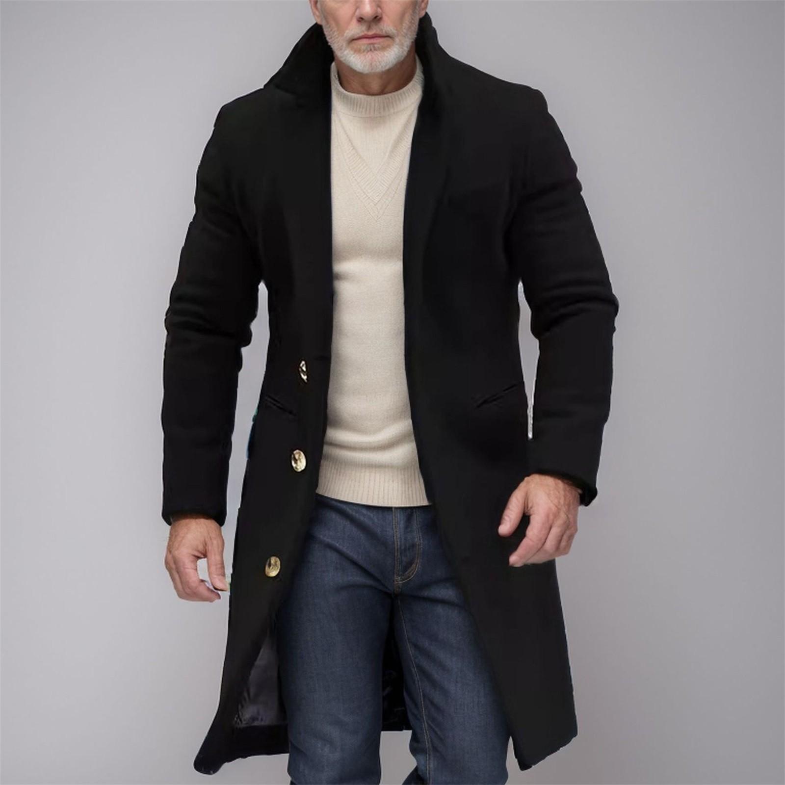 

Мужское британское однотонное длинное пальто, модное теплое шерстяное пальто XXL чёрный