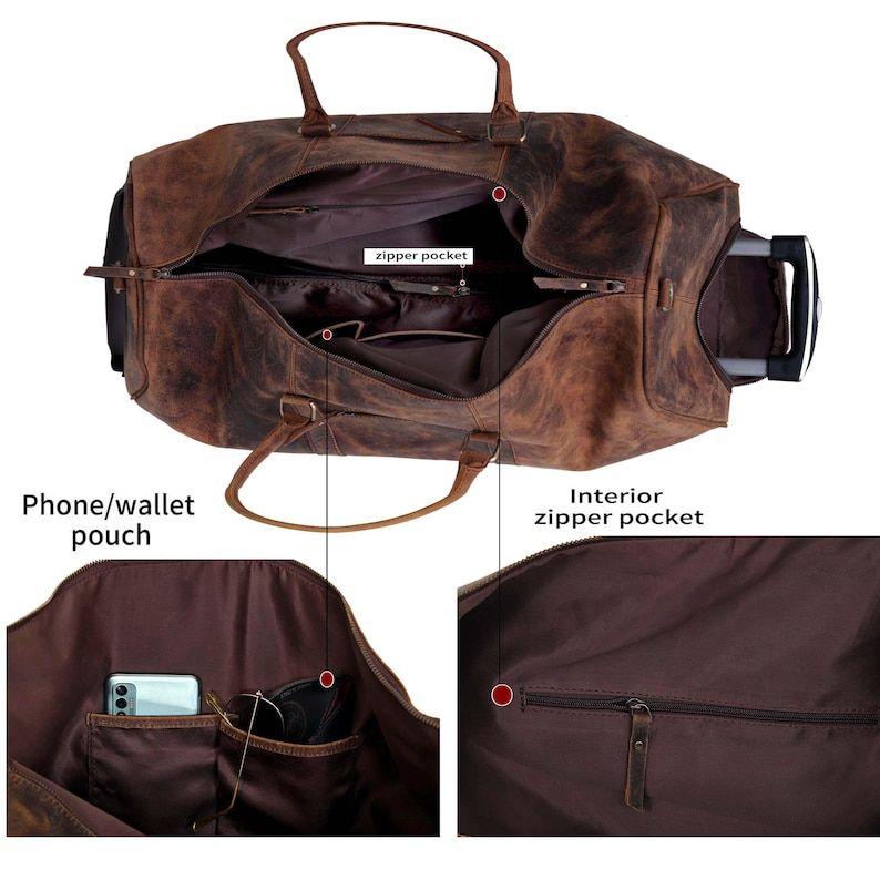 Handmade Leather Trolley Duffel Bag Mens Travel Duffel on Wheels Carry on Cabin Luggage Overnight Duffel Christmas Gift for Men and Women