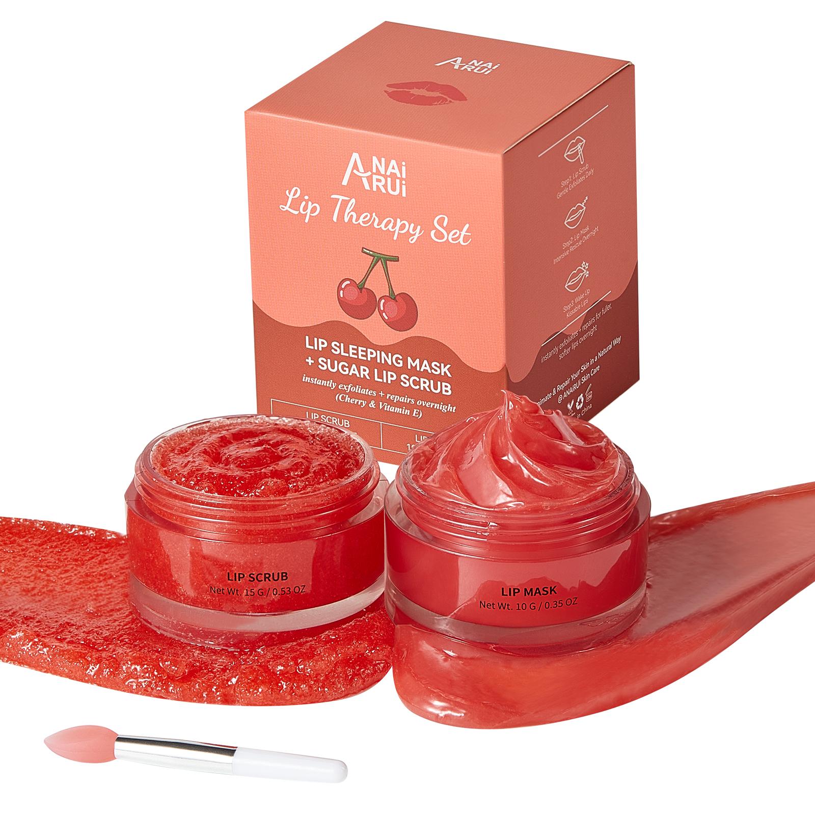 ANAiRUi Cherry Vitamin E Lip Care Set, Sugar Lip Scrub & Overnight Lip Mask for Dry Chapped Lips