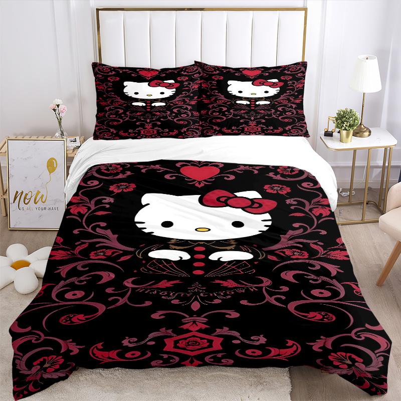3pcs Darkly Romantic Floral Hello Kitty Quilt Cover Set (1 Quilt Cover + 2 Pillowcases Without Pillow Core), High-Definition Printing for Home an