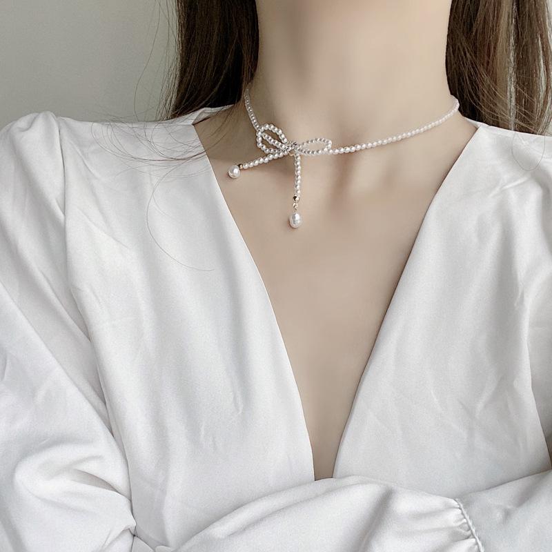 Vintage Big Bow Transparent Crystal Trendy Necklace Pearl Bead Choker Personality Elegant Sweet Short Chain Party Jewelry