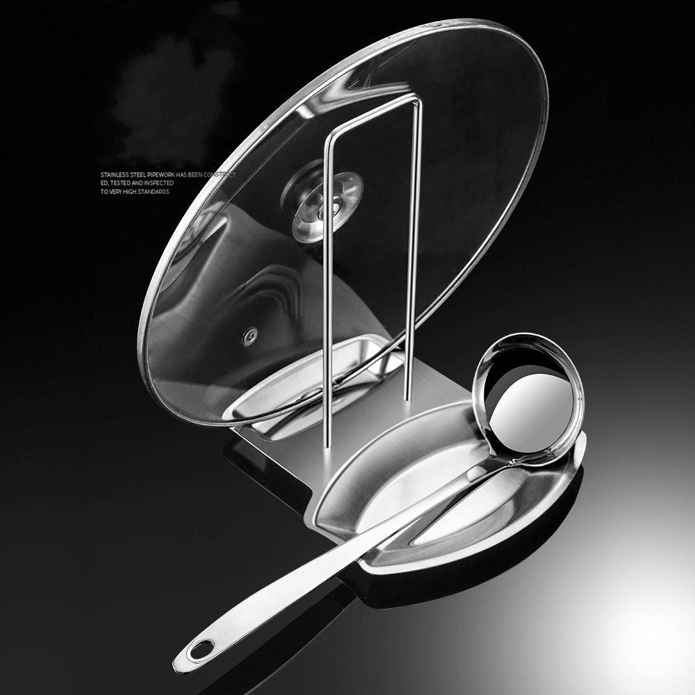 1pc Stainless Steel Pot Lid Rack Shelf With Drain Tray Bracket Punching Soup Spoon Rack With Removable Shelf Kitchen Accessories