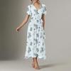 Women's Summer Floral Bohemian Dress Wrap V Neck Short Sleeves Ruffle A-Line Flowy Maxi Dress Summer Dresses For Women