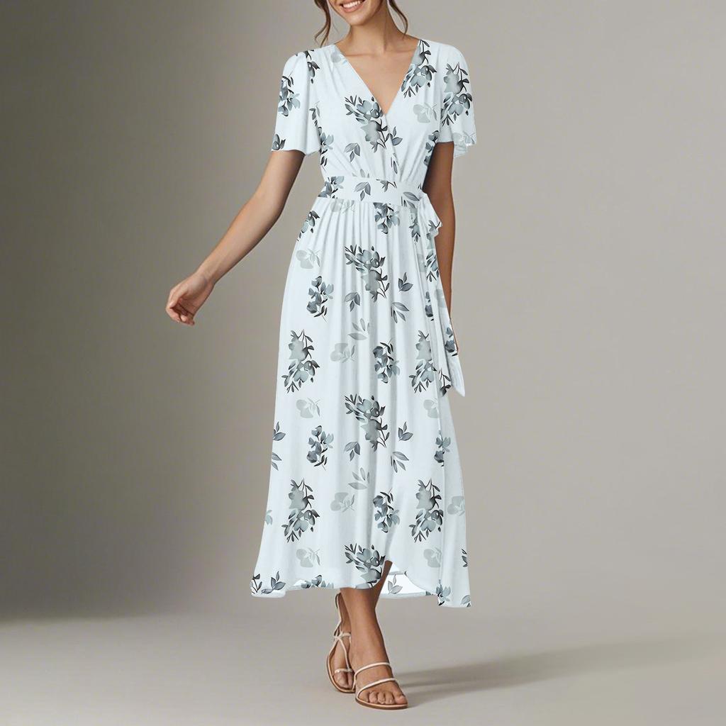Women's Summer Floral Bohemian Dress Wrap V Neck Short Sleeves Ruffle A-Line Flowy Maxi Dress Summer Dresses For Women