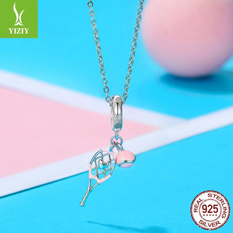 Pink Sports Series S925 Sterling Silver Pendant Accessories, Pink Girls Heart Tennis Volleyball Diy Beads