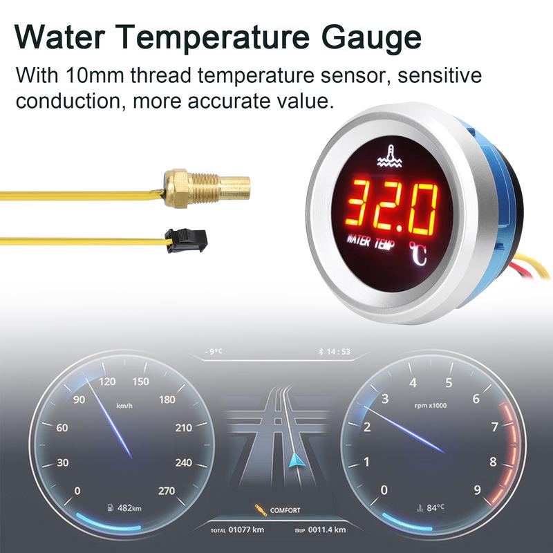 52mm Water Temperature Gauge Car Digital Meter LED Display 9-36V with Temperature Sensor Alarm Function