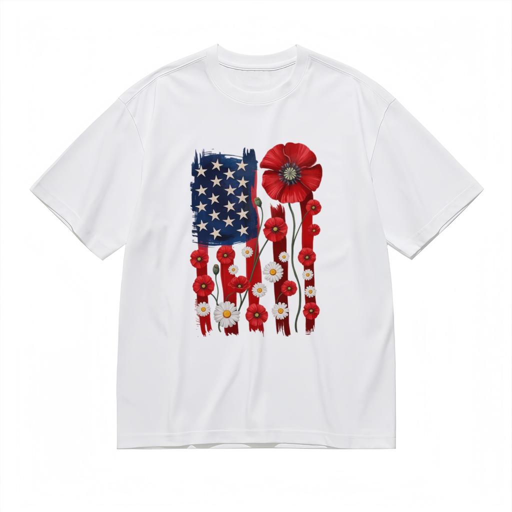 Men's Trend Soft Comfy Classic T-Shirt Mens Womens Tees Top American Flag Floral Design Tee