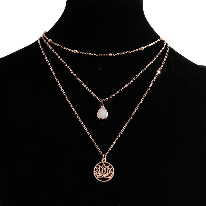

Gold Silver Color Buddhism Lotus Flower Necklaces for Women White Crystal Pendant Multi-Layer Chain Necklace Jewelry Accessories