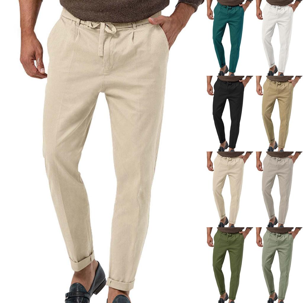 Mens Tapered Pants Casual Linen Pants Elastic Waist Slim Fit Beach Yoga Business Lightweight Cotton Trousers With Pockets