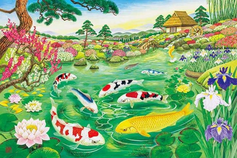

APPLEONE 1000-897 Hundred Flowers and Carp Playing by Izumi Kazumi, 1000-Piece Jigsaw Puzzle (75 x 50 cm), Good Luck
