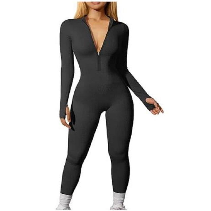 Slim Jumpsuit Women's Clothing Zipper Casual Brown Fitness Rompers Autumn Playsuit Activity Streetwear Overall