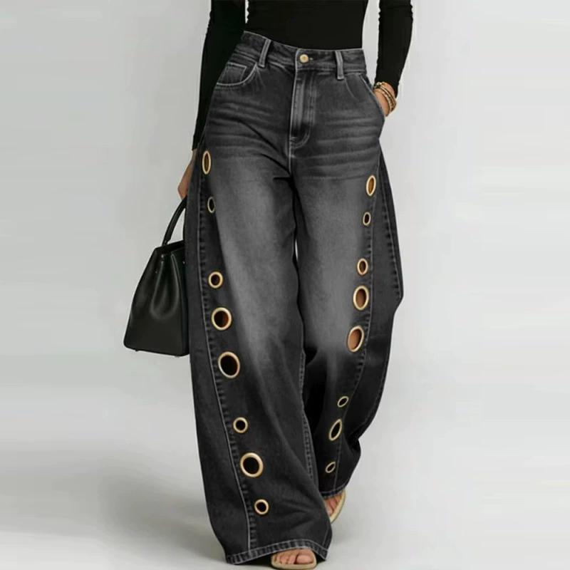 Women's Washed Blue High-Waist Metal Grommet Wide Leg Jeans Casual Loose Fit Streetwear Denim Pants