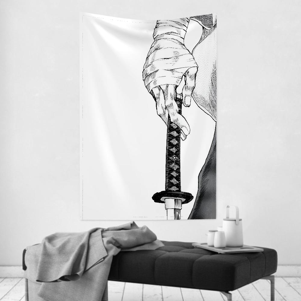 Monochrome Samurai Spirit Tapestry Sketch-Style Warrior Wall Art For Party Backdrop Aesthetic Living Room Decor Anime Tapestry