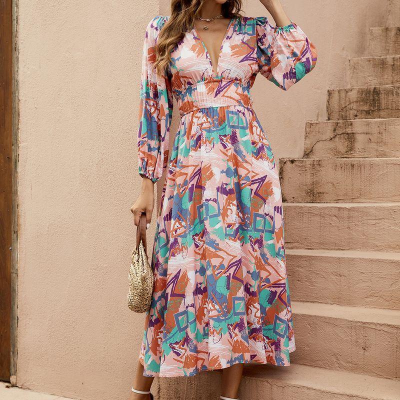 

Реальное фото С места Европа и Америка Трансграничное Многоцветное Асимметричное Геометрическое Принт Глубокий V Вырез Талия Фонарик Длинный Рукав Большое Платье С Широким Подолом Multicolor S