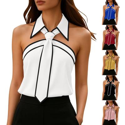 Dressy Tank Tops For Women Lapel Neck Tie Sleeveless Shirts Trendy Going Out Shirts Summer Casual Cocktail Blouse