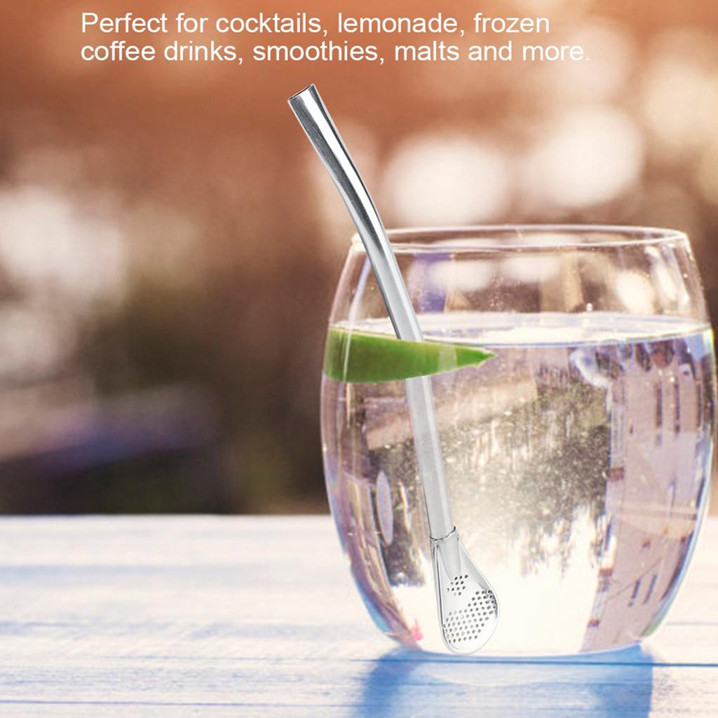 Stainless Steel Metal Drinking Straw Spoon Resuable Washable Cocktail Spoons L