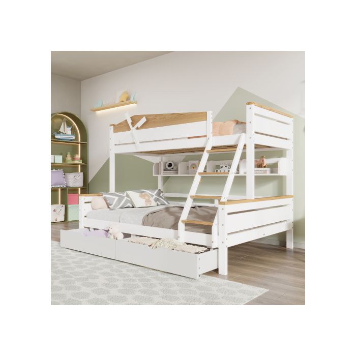 Lit superposé - MUVOE - Moulin à vent - Blanc + Naturel - 90x200cm &amp; 140x200cm - 2/3 places