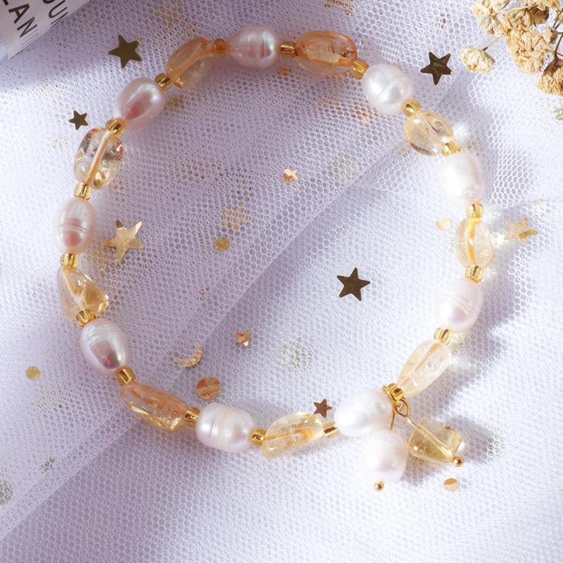 Summer Fashion Women's Bracelet Natural Freshwater Pearl with Yellow Crystal Waterproof Fashion Bangles