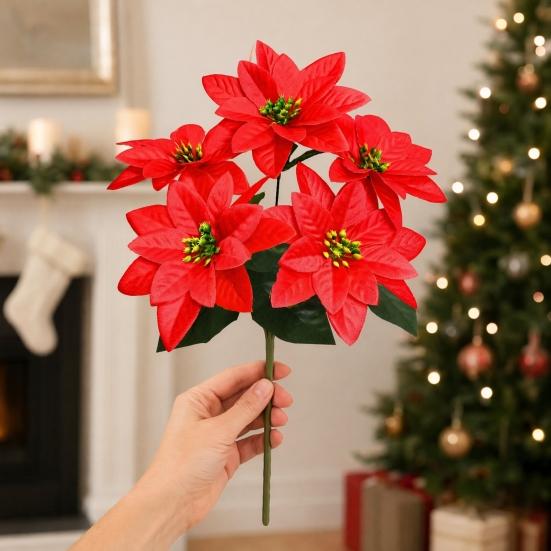 Artificial Poinsettia Flowers Bouquet 5 Head Faux Red Poinsettia Bush