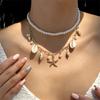 Mehrschichtige Halskette mit Anhänger aus Seesternschalen für Damen, elegante Choker-Halskette mit Imitationsperlen, Schmuck für die Strandparty
