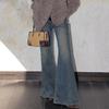 1 Pregnant women's autumn trendy retro blue jeans elastic flared pants, loose floor-mopping trousers for abdominal wear