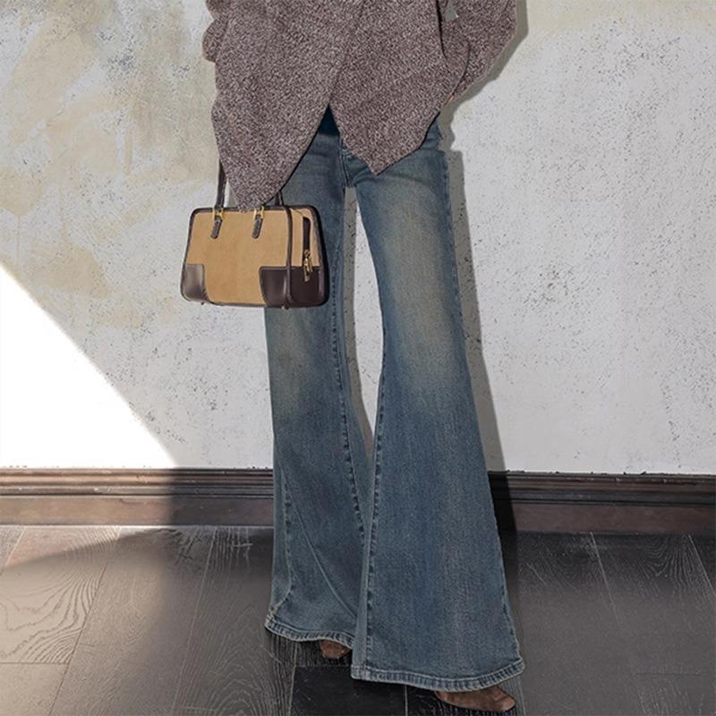 1 Pregnant women's autumn trendy retro blue jeans elastic flared pants, loose floor-mopping trousers for abdominal wear