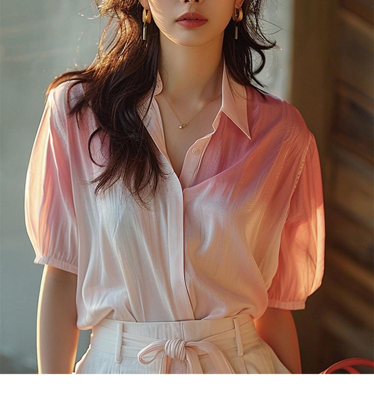 2025 New Unique and Beautiful Design Sense Summer Pink and White Gradually Changing Color Shirt for Women's Niche Age Reducing Top