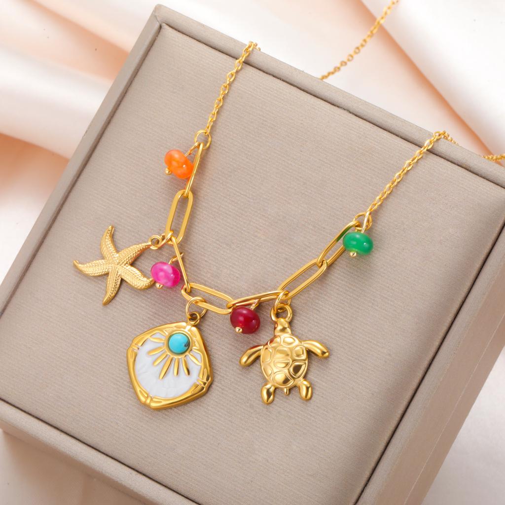1pc Fashionable Women's Stainless Steel Sunstar Turtle Colorful Beaded Pendant Necklace, Unique  Elegant Necklace Gift For Friends