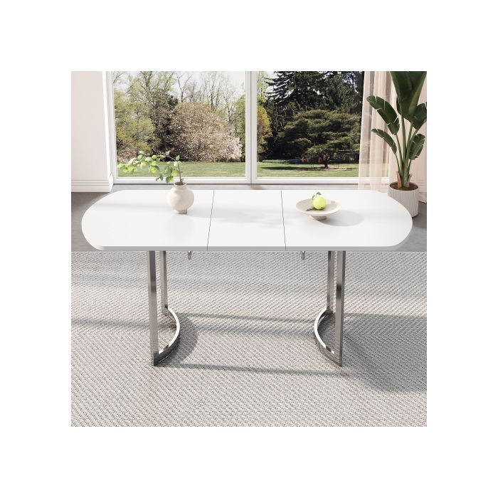 Table de salle à manger à rallonge 140/180 x 80 cm, longueur extensible 180 cm, pieds en métal argenté, blanc + pieds argentés