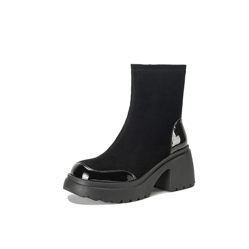 

Жіночі ботильйони з натуральної шкіри Meotina, круглий носок, товсті високі підбори, платформа, вовняні короткі черевики, жіноче модне взуття, зима 40 39