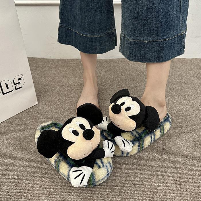 Cartoon Three-dimensional Mickey Cotton Slippers Women's 2025 New Autumn and Winter Indoor Home Warmth Outer Wear Thick-soled Fluffy Slippers
