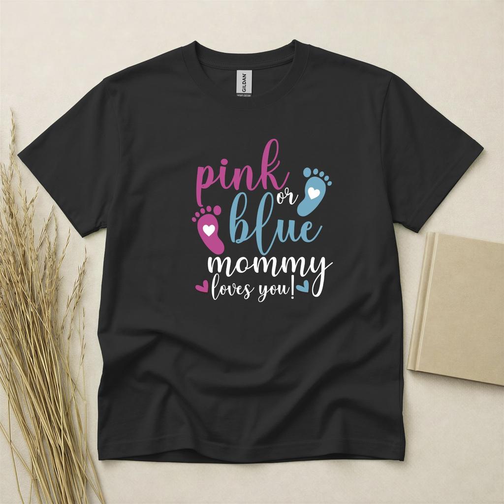 Pink Or Blue Mommy Loves You Baby Gender Reveal T Shirt Gildan Heavy Cotton Top