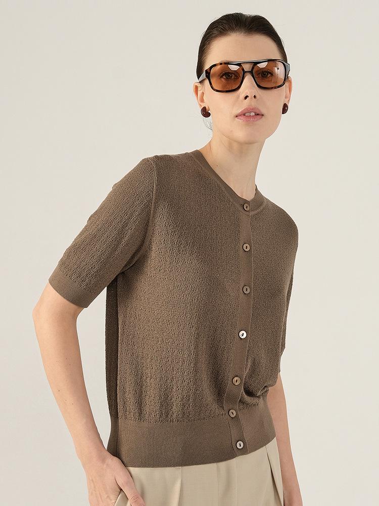 

Yaqi Женский 2025 Элегантный Летний Вязаный Кардиган С Коротким Рукавом и Круглым Вырезом Medium коричневый