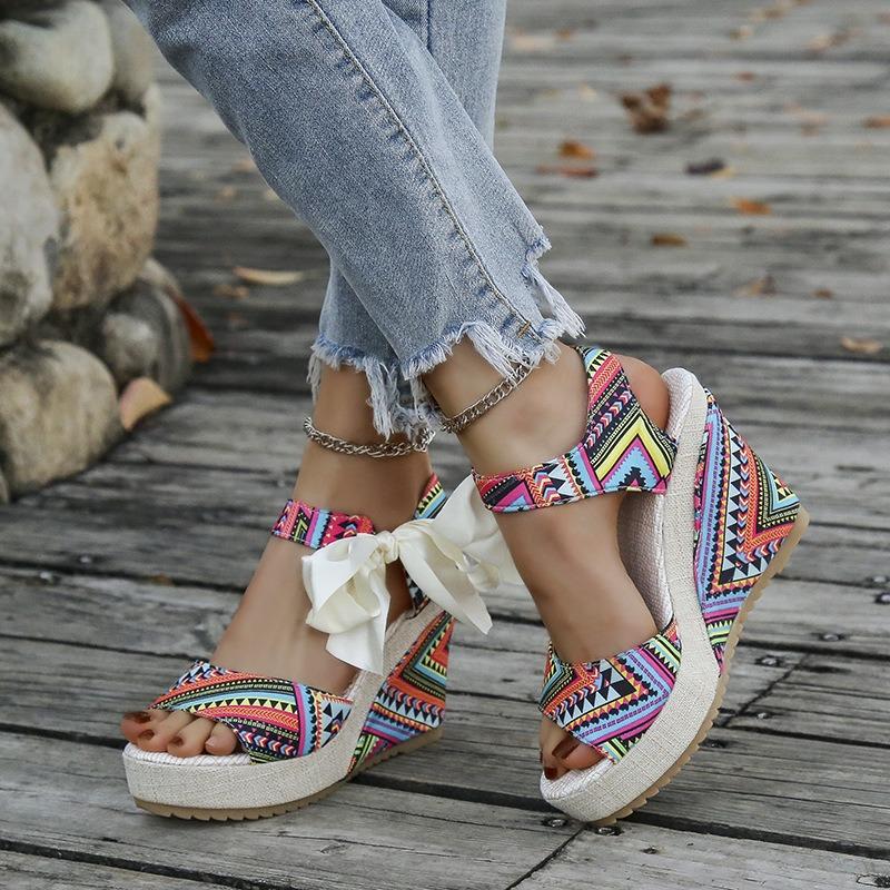 Wedge heel platform sandals women's spring and summer new fish mouth open-toed bow colorful sandals