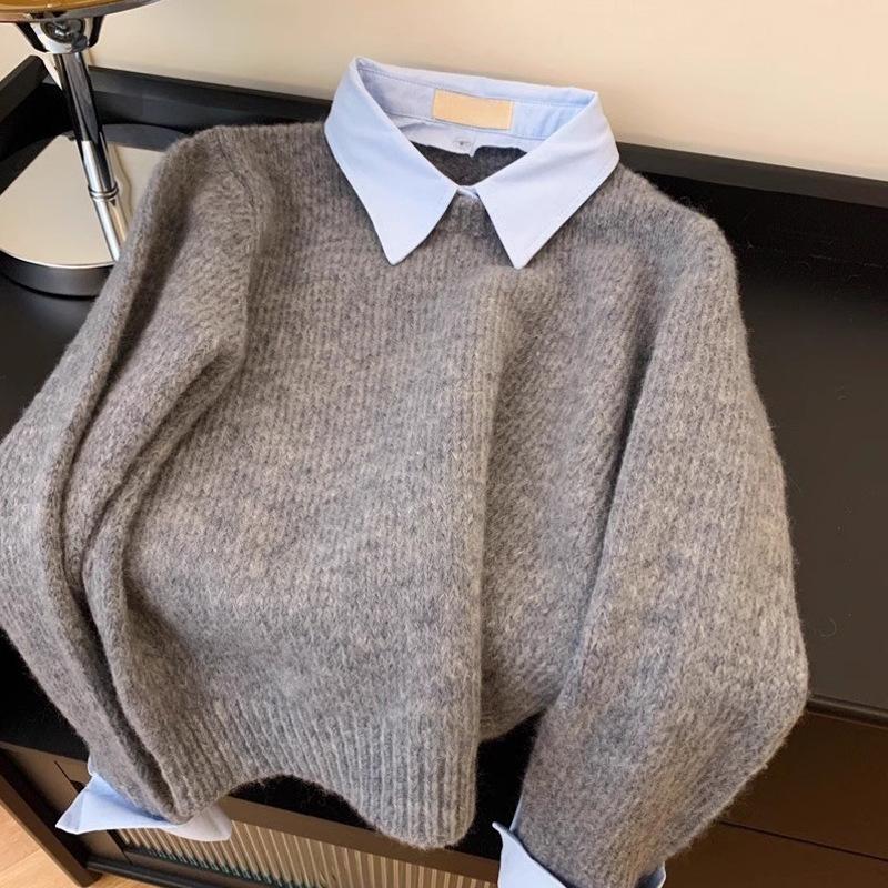 Women's Gray Color Block Layered Collar Sweater - Autumn Knit Top