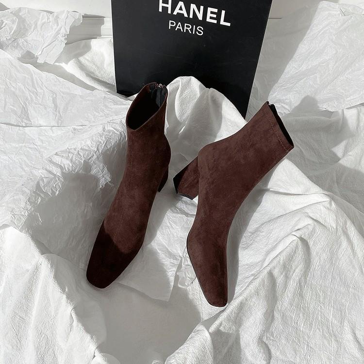 2025 autumn and winter high-heeled women's shoes pointed thick-heeled short boots thin velvet elastic thin socks boots Martin boots