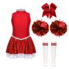 Girls Shiny Sequins Invisible Zipper Back Dress Cheerleading Set Bowknot Headwear Hand Flowers Striped Socks