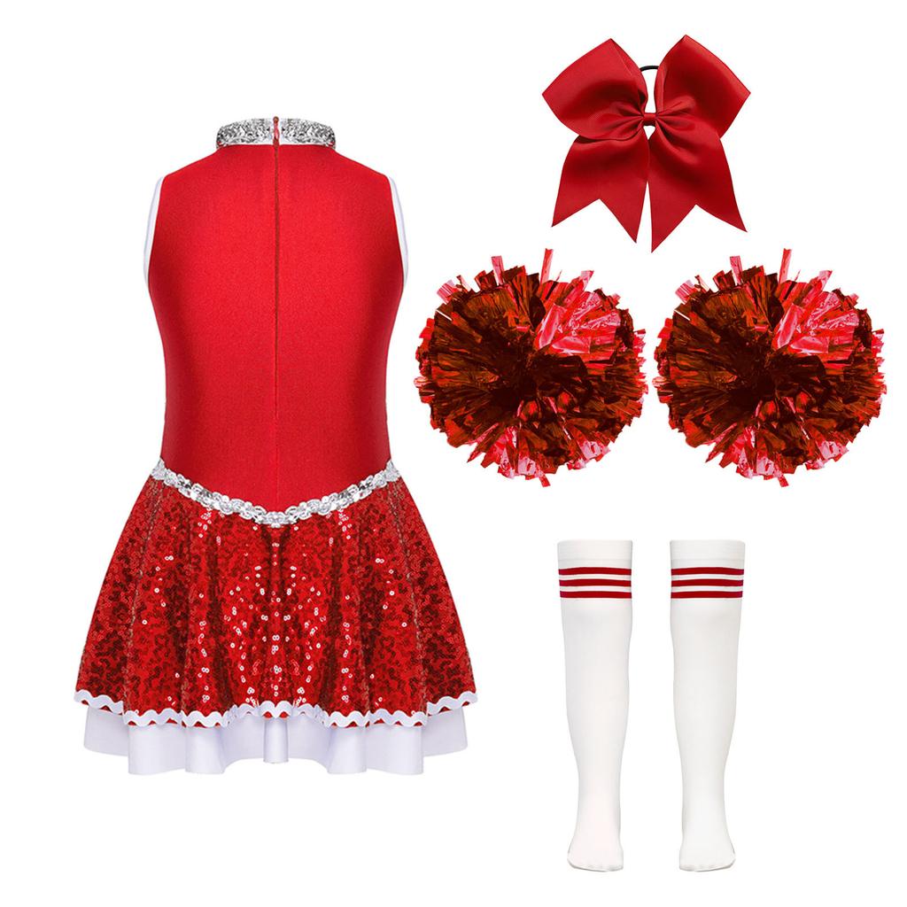 Girls Shiny Sequins Invisible Zipper Back Dress Cheerleading Set Bowknot Headwear Hand Flowers Striped Socks