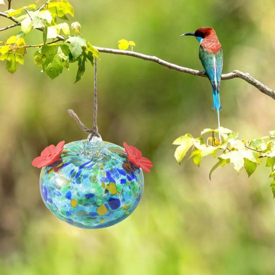 Stained Glass Hummingbird Feeder Droplet Shaped Hanging Birds Feeder Hummingbird Feeder with 2 Flower Feeding Ports for Outside Garden Courtyard