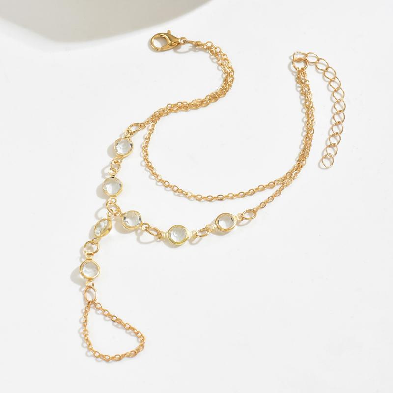 Fashion Multilayer Rhinestone Beaded Bracelet Ring for Women Light Luxury Metal Finger Chain Party Jewelry Accessories Gifts